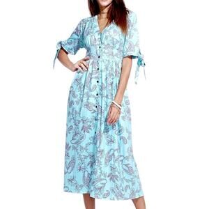 Reborn Dress size MED Green Paisley Button Down Tie Short Sleeve Dress Stretch